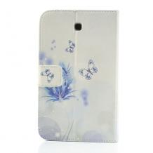 Кожен калъф за таблет Samsung Galaxy Tab 3 7'' P3200 със стойка - бял със сини цветя и камъни