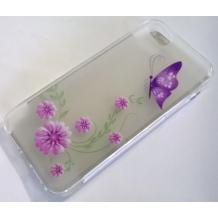 Силиконов калъф / гръб / TPU за Apple iPhone 5 / 5S - прозрачен / лилави цветя и пеперуда