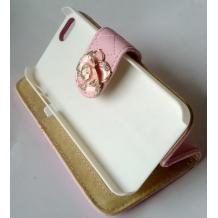 Кожен калъф Flip тефтер със стойка за Apple iPhone 5 / 5S - розов с цвете и камъни