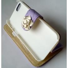 Кожен калъф Flip тефтер със стойка за Apple iPhone 5 / 5S - лилав с цвете и камъни