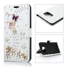 Луксозен кожен калъф 3D Flip тефтер за Samsung Galaxy S6 Edge+ G928 / S6 Edge Plus - бял / Flower & Butterfly