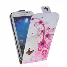 Кожен калъф Flip тефтер за Samsung Galaxy S4 Mini I9190 / S4 mini I9195 / I9192 - бял с цветя и пеперуда