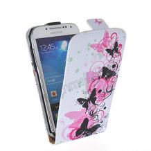 Кожен калъф Flip тефтер за Samsung Galaxy S4 mini S IV SIV Mini I9190 I9195 I9192 - бял с пеперуди