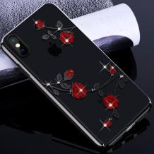 Луксозен твърд гръб KINGXBAR Swarovski Diamond за Apple iPhone X / iPhone XS - прозрачен / черен кант / червени рози