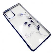 Луксозен силиконов калъф / гръб / TPU / Elegant с камъни за Samsung Galaxy S10 Lite / A91 - прозрачен със син кант / перо