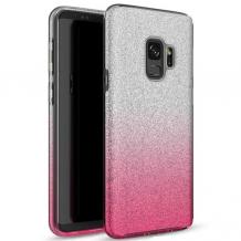 Силиконов калъф / гръб / TPU за Samsung Galaxy J4 Plus 2018 - преливащ / сребристо и розово / брокат