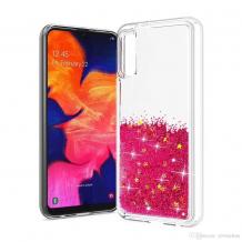 Луксозен твърд гръб 3D Water Case за Samsung Galaxy A7 2018 A750F - прозрачен / течен гръб с розов брокат