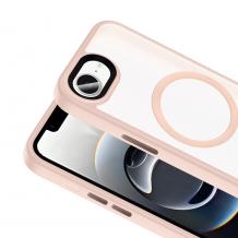 Луксозен гръб / кейс / Flet Case с безжично зареждане MagSafe за Apple iPhone 16e - прозрачен / розов кант