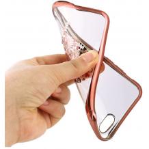 Луксозен силиконов калъф / гръб / TPU с камъни за Apple iPhone 7 Plus / iPhone 8 Plus - прозрачен / Rose Gold кант / сърце