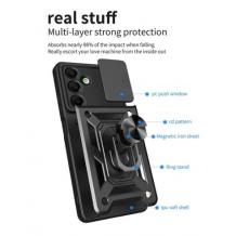 Удароустойчив гръб TPU кейс Slide Camera Case Magnetic Finger Ring Car Holder за Samsung Galaxy A05s - черен