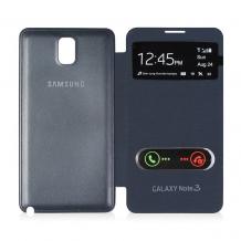 Кожен калъф Flip Cover / S-View за Samsung Galaxy Note 3 N9000 / Samsung Note 3 N9005 - тъмно син