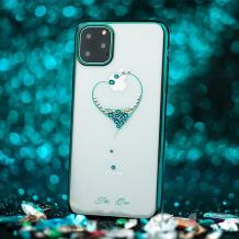 Луксозен твърд гръб KINGXBAR Swarovski Diamond за Apple iPhone 11 Pro 5.8" - прозрачен / тюркоаз кант / сърце
