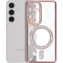 Луксозен силиконов калъф / гръб / TPU кейс със MagSafe за Samsung Galaxy A37 - прозрачен със розов кант и камъни