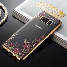 Луксозен силиконов калъф / гръб / TPU с камъни за Samsung Galaxy S8 Plus G955 - прозрачен / розови цветя / златист кант