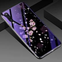 Луксозен стъклен твърд гръб със силиконов кант за Samsung Galaxy A50/A30s/A50s - лилави цветя