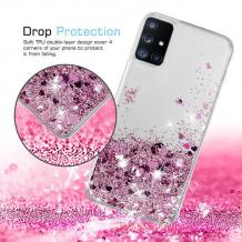 Луксозен твърд гръб кейс 3D Water Case за Samsung Galaxy A52 4G / A52 5G / A52s 5G - прозрачен / течен гръб с брокат / розов