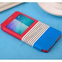 Луксозен кожен калъф Flip тефтер със стойка BASEUS Eden Leather за Samsung Galaxy Alpha G850 - червено и синьо