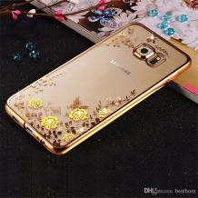 Луксозен силиконов калъф / гръб / TPU с камъни за Samsung Galaxy S7 G930 - жълти цветя / златист кант