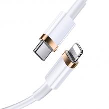 Оригинален USB кабел USAMS за зареждане и пренос на данни U63 / Type C към Lightning / 20W - Бял