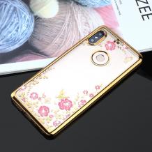 Луксозен силиконов калъф / гръб / TPU с камъни за Huawei P Smart Z / Y9 Prime 2019 - прозрачен / розови цветя / златист кант