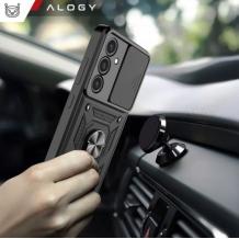 Удароустойчив гръб TPU кейс Slide Camera Case Magnetic Finger Ring Car Holder за Samsung Galaxy S21 FE - черен