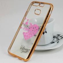 Луксозен силиконов калъф / гръб / TPU за Huawei P9 - прозрачен / розови сърца / Victoria's Secret 