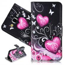 Кожен калъф Flip тефтер Flexi със стойка за Samsung Galaxy A3 A300F / Galaxy A3 - черен / розови сърца и пеперуди