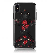 Луксозен твърд гръб KINGXBAR Swarovski Diamond за Apple iPhone X - прозрачен / черен кант / цветя