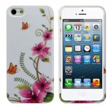 Силиконов калъф / гръб / TPU за Apple iPhone 5 / iPhone 5S - бял с розови цветя и пеперуди
