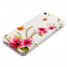 Силиконов калъф / гръб / TPU за Apple iPhone 5 / iPhone 5S - бял с розови цветя и пеперуди