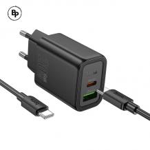 Зарядно устройство комплект HOCO N61, 20W, 3A, 1x USB-C 1x USB-A + кабел USB-C - USB-C - Черно