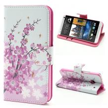 Кожен калъф Flip тефтер със стойка за HTC One M7 - Peach Blossom