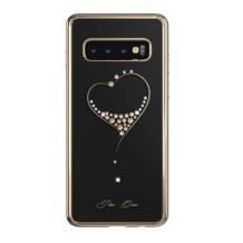 Луксозен твърд гръб KINGXBAR Swarovski Diamond за Samsung Galaxy S10 - прозрачен със златист кант / сърце