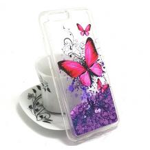 Луксозен твърд гръб 3D за Apple iPhone 6 / iPhone 6S - прозрачен / пеперуди / лилав брокат