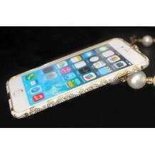 Луксозен метален бъмпер / Bumper за Apple iPhone 6 Plus 5.5" - бял / златен кант и камъни