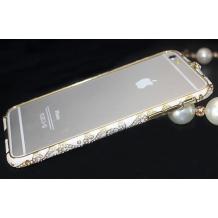 Луксозен метален бъмпер / Bumper за Apple iPhone 6 Plus 5.5" - бял / златен кант и камъни