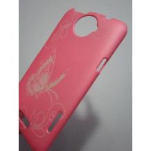Заден предпазен капак за HTC One X, One X+ - розов с гравирана пеперуда