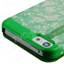 Луксозен кожен калъф Flip тефтер S-View BASEUS Blossom Case за Apple iPhone 5 / iPhone 5S - зелен с рози