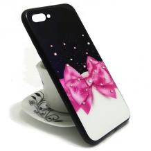 Луксозен стъклен твърд гръб със силиконов кант и камъни за Apple iPhone 7 Plus / iPhone 8 Plus - черен / розова панделка