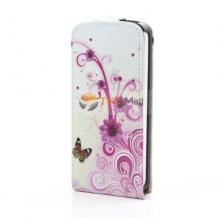 Кожен калъф Flip тефтер за Apple iPhone 4 / 4S - бял с цветя и пеперуда