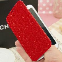 Луксозен кожен калъф Flip тефтер с камъни за Apple iPhone 7 / iPhone 8 - червен