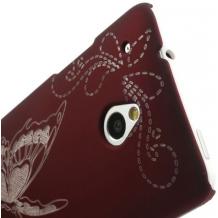 Заден предпазен твърд гръб / капак / за HTC One Mini M4 - червен с пеперуда