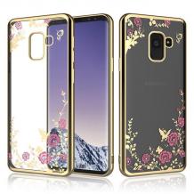 Луксозен силиконов калъф / гръб / TPU с камъни за Samsung Galaxy J6 Plus 2018 - прозрачен / розови цветя / златист кант