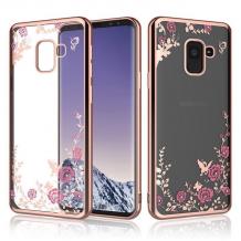 Луксозен силиконов калъф / гръб / TPU с камъни за Samsung Galaxy J6 Plus 2018 - прозрачен / розови цветя / розов кант