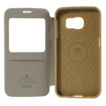 Луксозен кожен калъф Mercury Corporation S-View за Samsung Galaxy S6 Edge G925 - златист