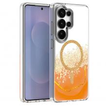 Луксозен твърд гръб 3D Epoxy Mag Case Samsung Galaxy S26 Ultra - прозрачен / течен гръб с брокат / оранжев