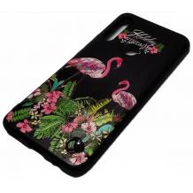 Луксозен силиконов калъф / гръб / TPU за Huawei P Smart Z / Y9 Prime 2019 - черен с цветя и фламинго