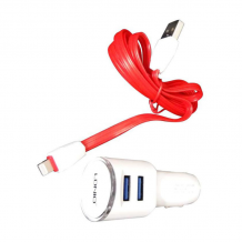 Оригинален USB кабел LDNIO C29 Car Charger 12V / 2 USB порта и USB кабел 3.4A за Apple iPhone 5 / iPhone 5S / iPhone SE / iPhone 6 / iPhone 6 Plus - бял / червен
