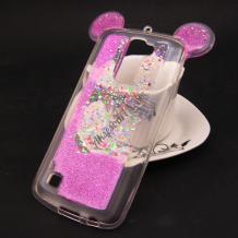 Луксозен силиконов калъф / гръб / TPU 3D за LG K8 / K7 - прозрачен / розов брокат / миши ушички