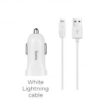 Универсално зарядно за кола HOCO Z2A 2xUSB - кабел Apple Lightning - бяло
